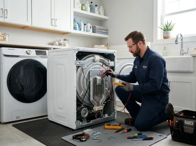 Appliance Repair Hero technician checking a dryer heating element with the rear panel off in Barren Springs, VA