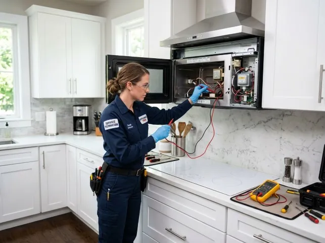 Appliance Repair Hero technician testing an over-the-range microwave in a Barren Springs, VA kitchen